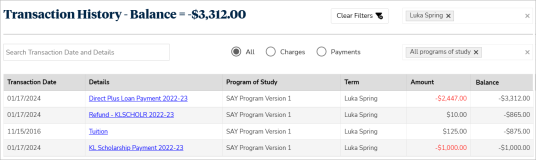 Transaction History grid