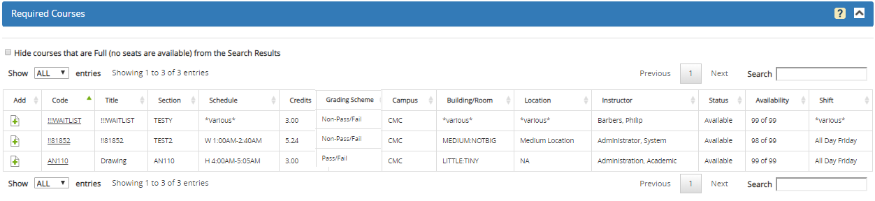 Registration Step 1 - Required Courses grid