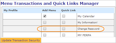 Security Roles > Menu Transactions and Quick Links