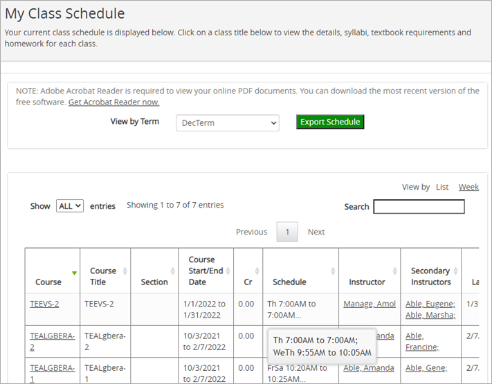 Student Class Schedule