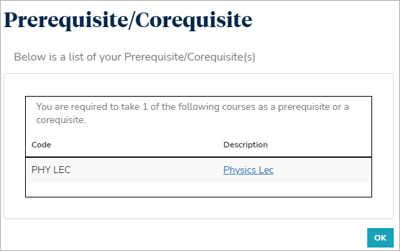 Prerequisite pop-up
