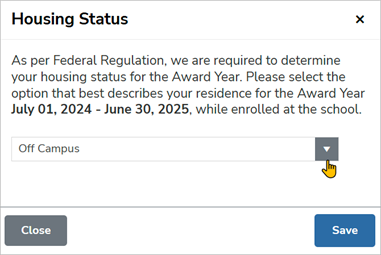 Housing Status pop-up