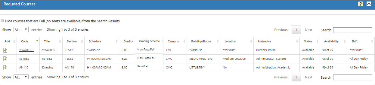 Registration Step 1 - Required Courses grid