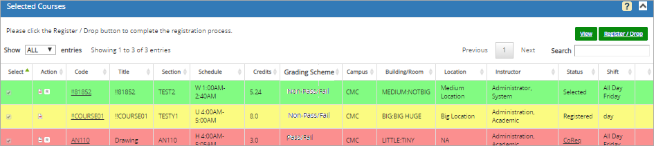 Registration Step 1 - Selected and Required Courses
