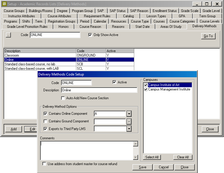 Delivery Methods Code Setup