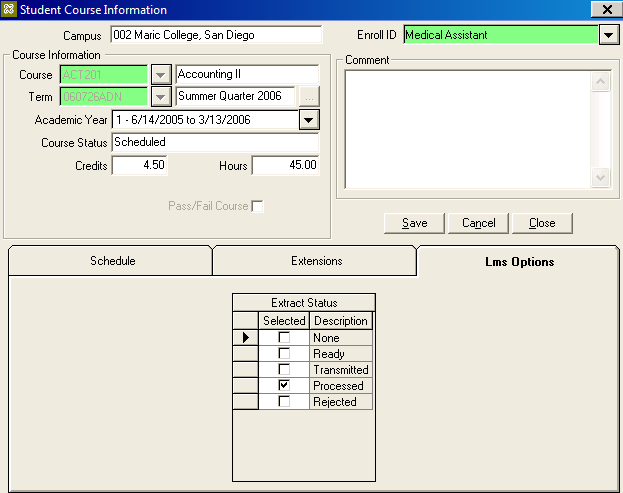 Student Couse Information - LMS Options