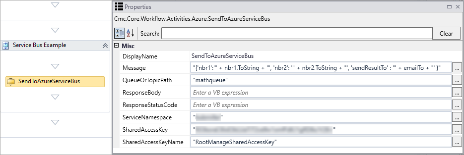 SendToAzureServiceBus Properties