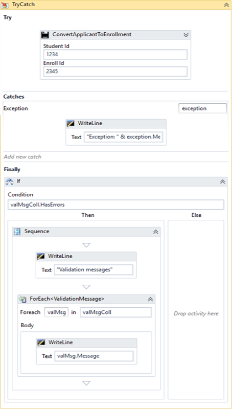 TryCatch withConvertApplicantToEnrollment