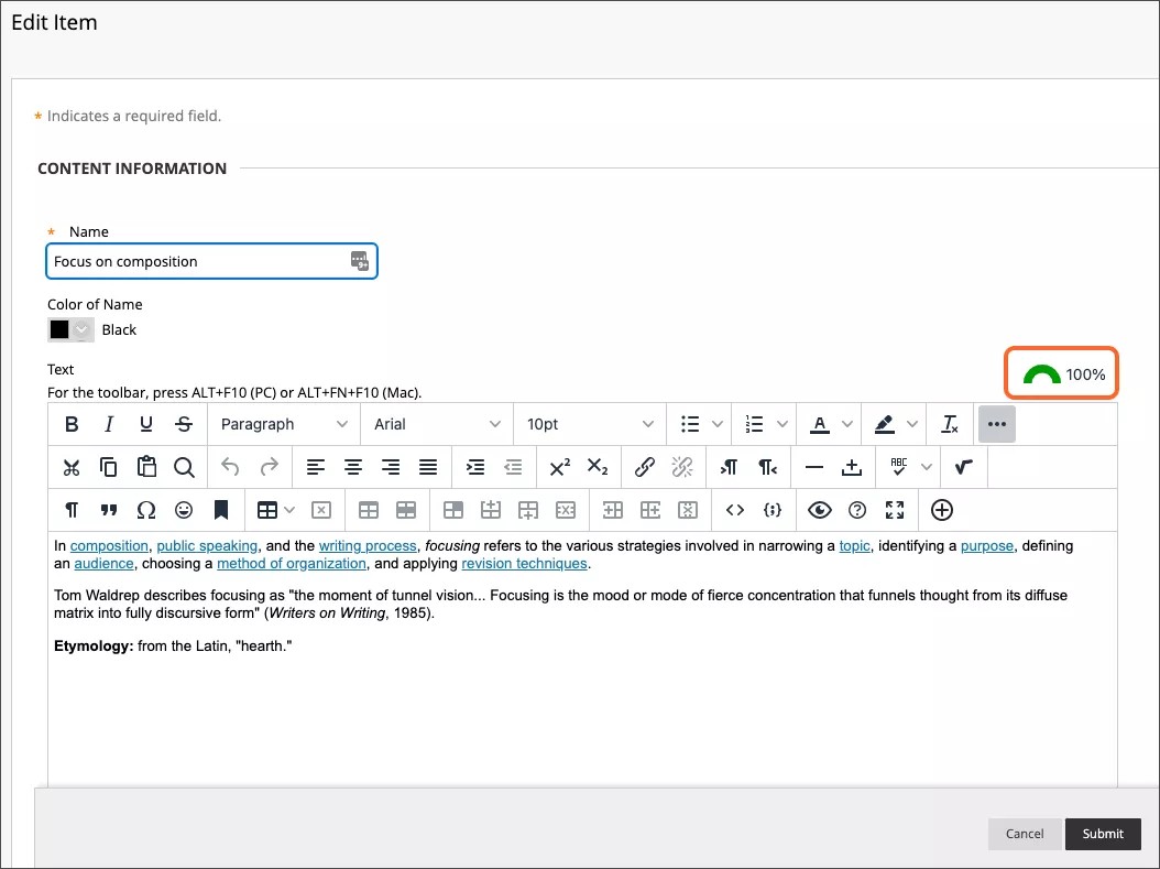 Ally score appears above the content editor toolbar on the right of the screen.