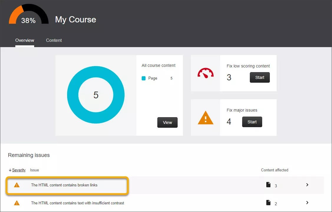 Ally flagging broken links in Instructor Feedback panel