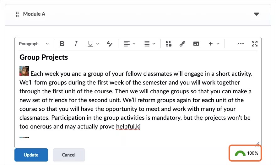 Ally score appears below the content editor toolbar on the right of the screen.
