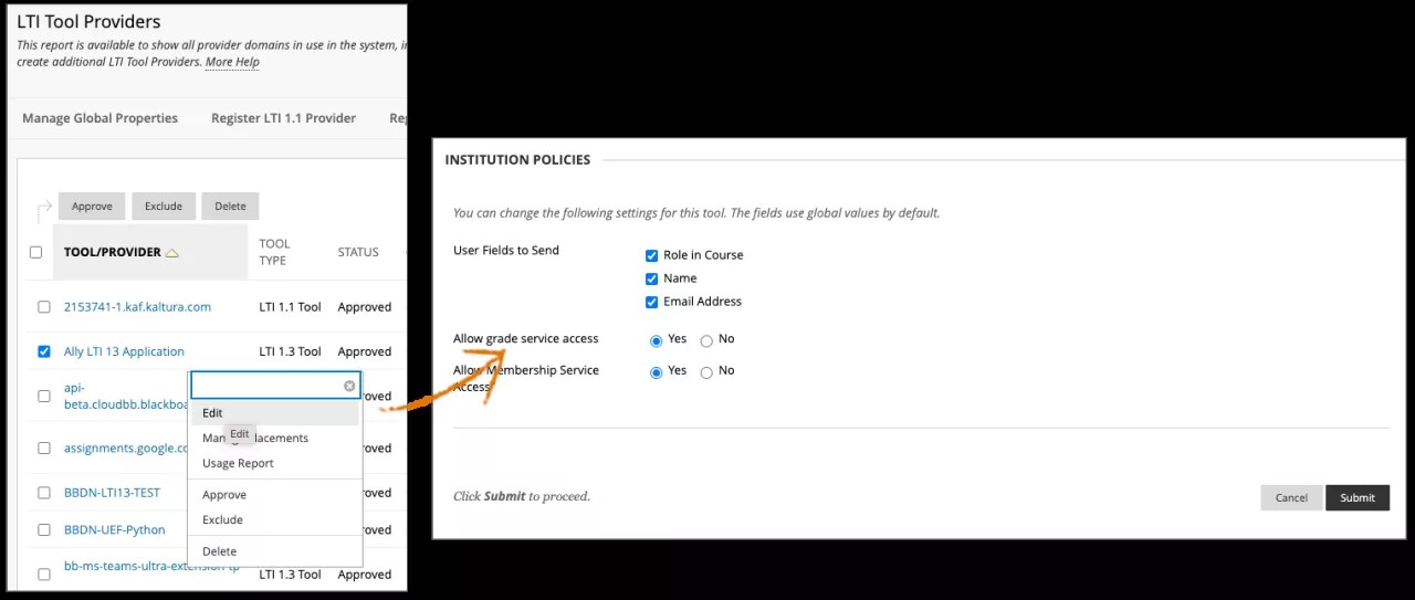 The edit menu of an LTI tool is open with an arrow pointing to the page that opens when you select edit.