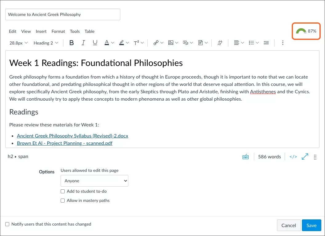 Ally score appears above the content editor toolbar on the right of the screen.