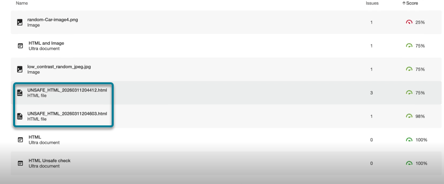 The Course Report with several files listed, including two UNSAFE_HTML files. The purpose of this image is to show the previous behavior. Now, UNSAFE_HTML files are not including in Course Report.