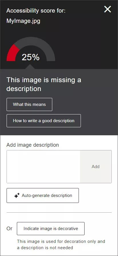 Pannello di feedback dell'insegnante di Ally che segnala la mancanza di una descrizione del testo alternativo per un'immagine