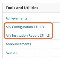 Gli strumenti LTI 1.3 del report sulla configurazione e l'istituto di Ally sono evidenziati nell'elenco Strumenti e utilità.