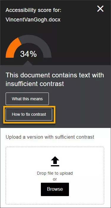 Uploadscherm binnen Ally, met de knop Hoe contrast-te herstellen gemarkeerd