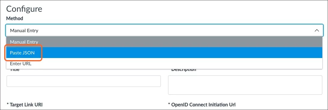 O menu Método abriu com o Paste JSON aberto destacado.
