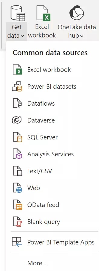 Menu de Obter Dados do Power BI