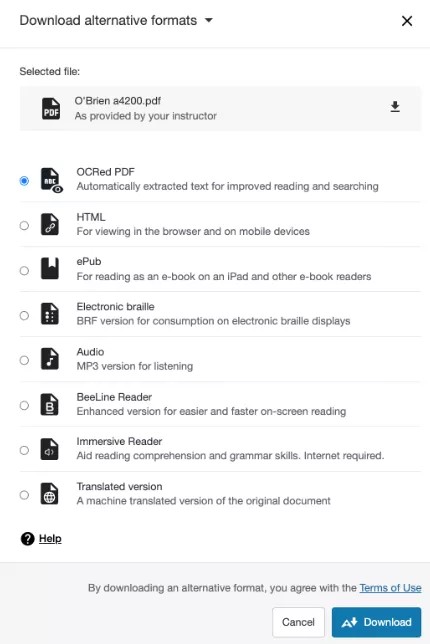 Original file appears in Download Alternative Formats modal