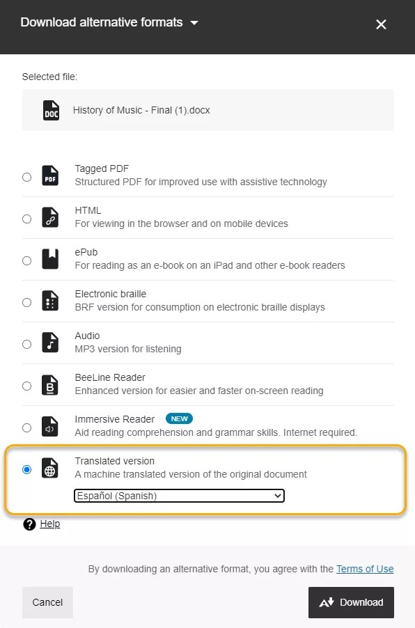 Screenshot des modalen alternativen Formats mit hervorgehobener übersetzter Version