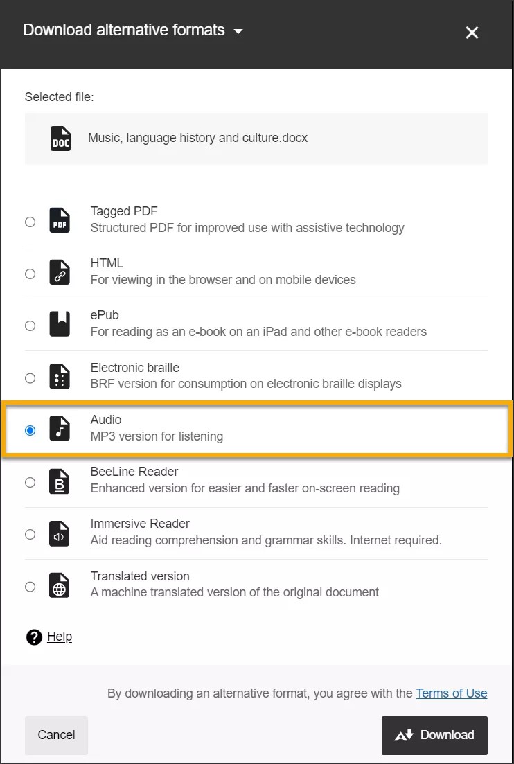 formati alternativi modale con audio evidenziato