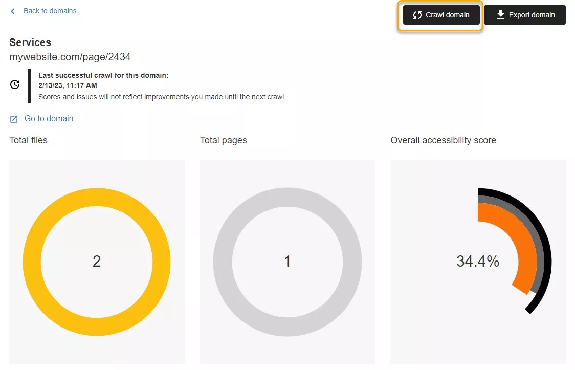Screenshot van Instelling Rapport met de knop "Crawl domain" gemarkeerd
