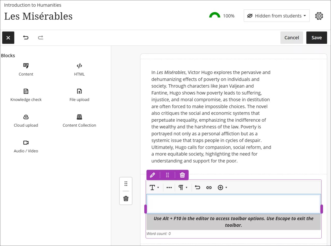 Two content blocks in a Document, with the menu options on the left