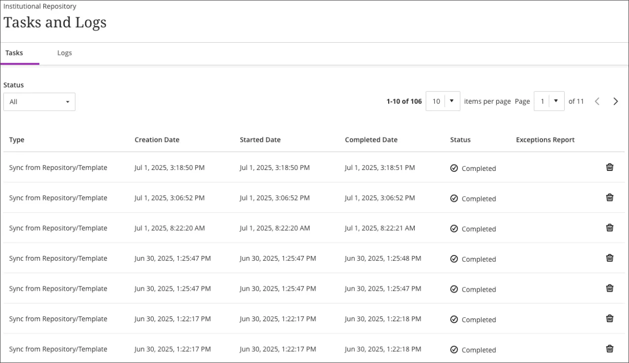 The Tasks and Logs page, showing the Sync from Repository/Template task for multiple objects in the Tasks tab.