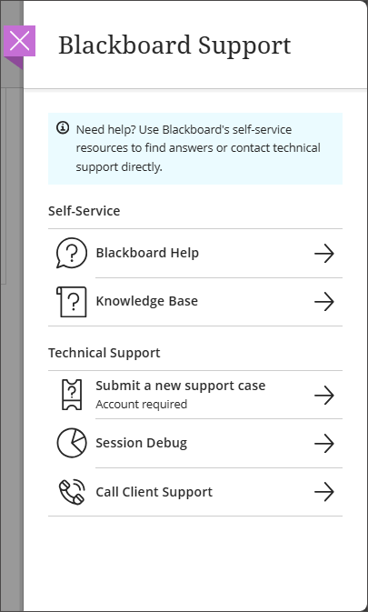 The Blackboard Support panel, showing buttons for Blackboard Help, Knowledge Base, Submit a new support case, Session Debug, and Call Client Support.