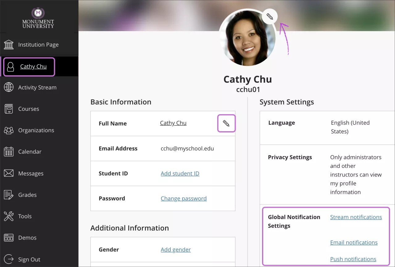 Profile page for an instructor. The Profile menu option is highlighted in Base Navigation. The edit option is highlighted next to the Full Name field in the Basic Information section. Global Notification settings are highlighted in the System Settings section.