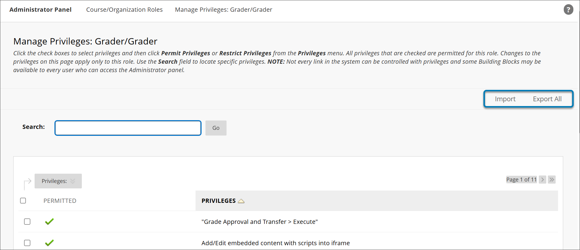 List of privileges page for a course role in Administrator Panel. The options to Import or Export privileges is highlighted in blue.
