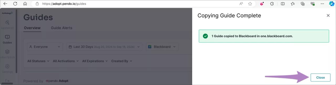 Copying guide complete screen with arrow pointing to Close button