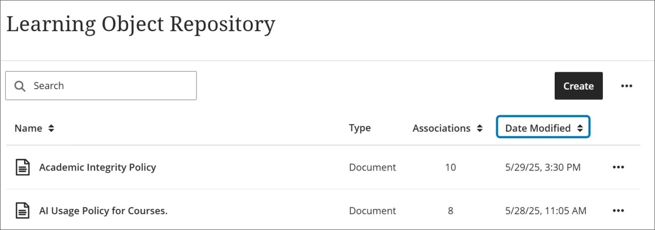 The Date Modified Column is on the far right, beside Associations and below the Create button