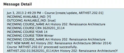 Message details posted to the logs for sample course