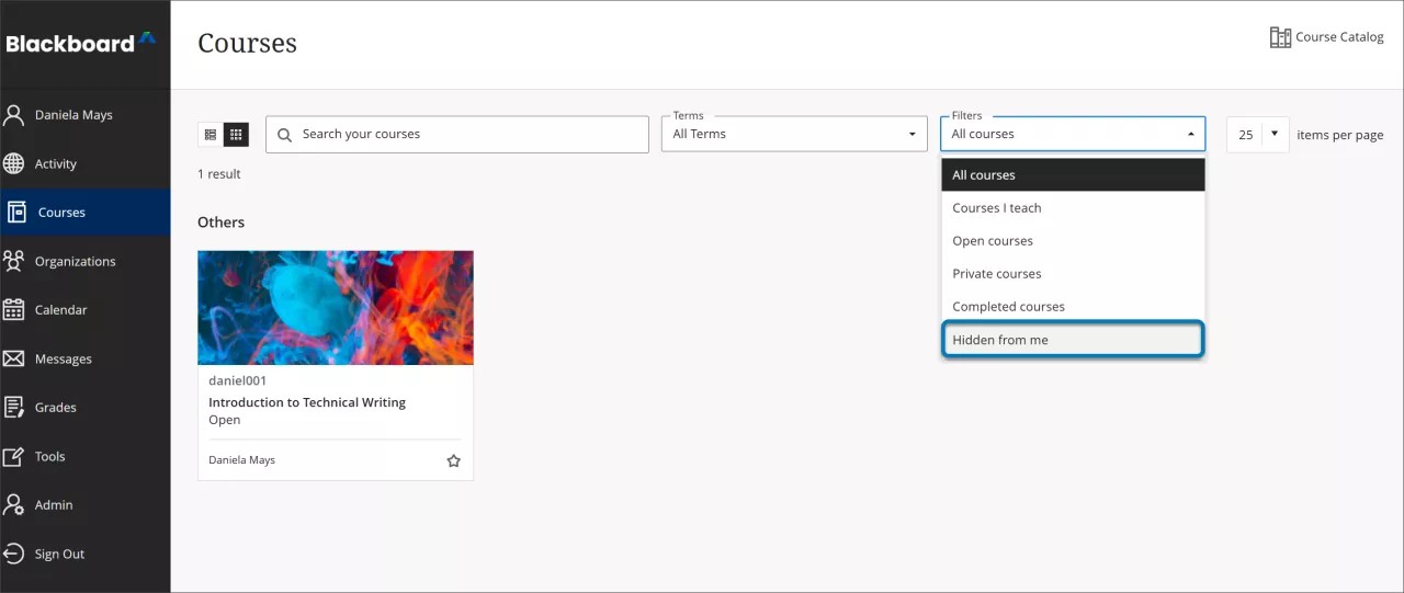 Courses page for Instructors with the Filter menu dropdown opened. The option Hidden from me is highlighted in blue.
