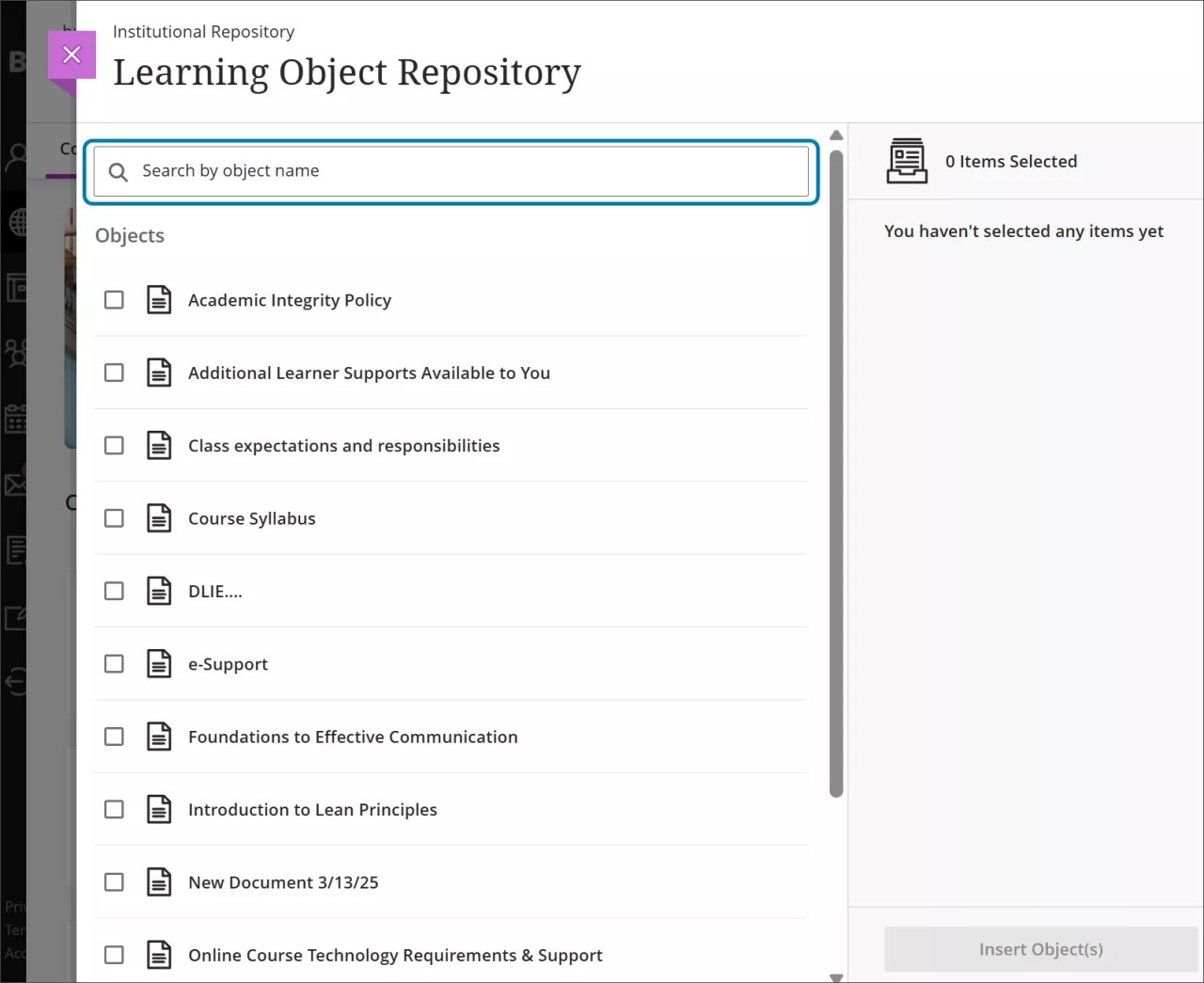 The Learning Object Repository insertion view, with the search function highlighted above a list of objects