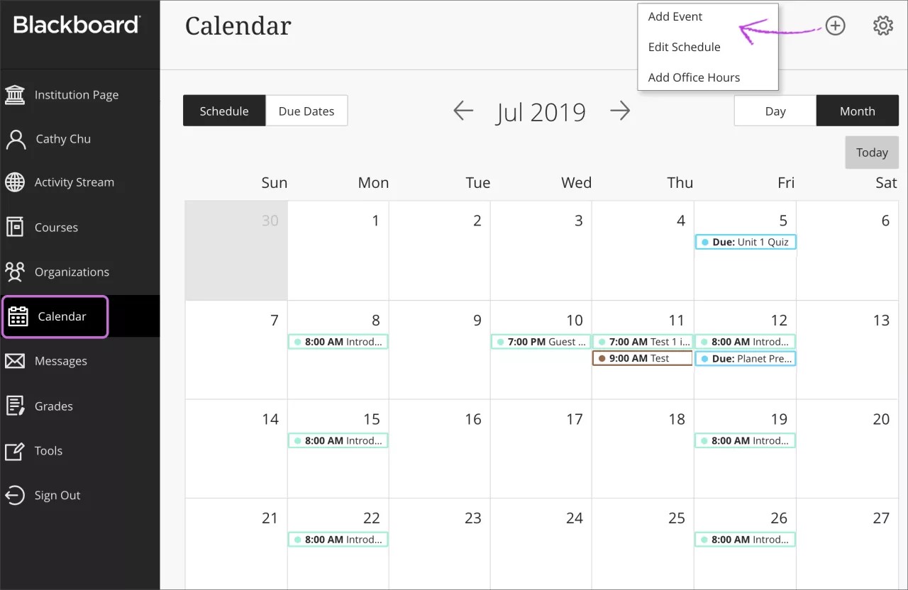 Calendar page in Blackboard. The Calendar option in Base Navigation is highlighted.