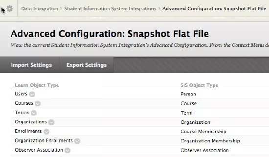 The Advanced Configuration screen provides a listing of the objects supported for that object in Blackboard.