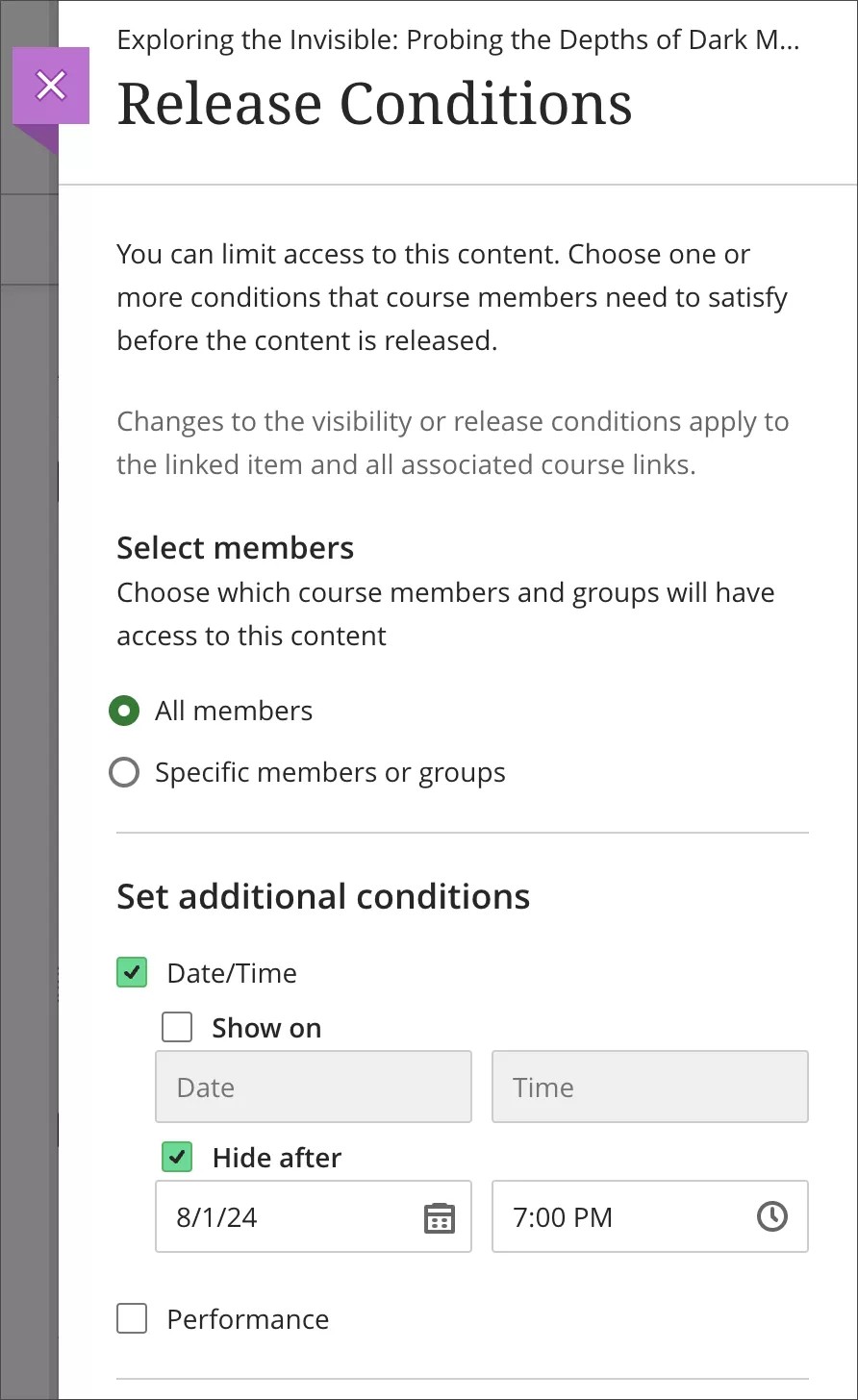 Instructor view of release conditions settings with a date/time release condition combined with the Hide state