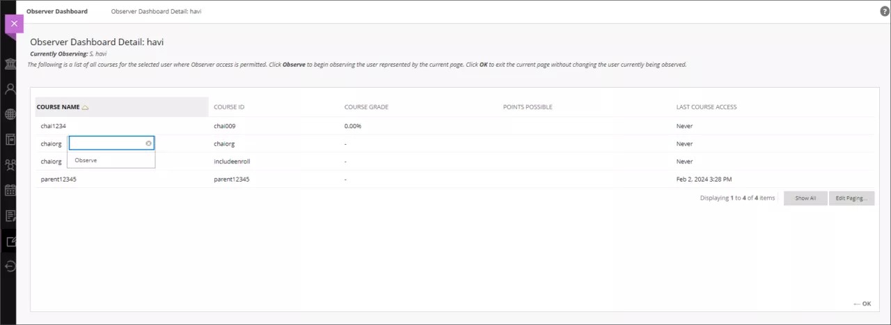 The dropdown menu beside a course name in the Observer dashboard