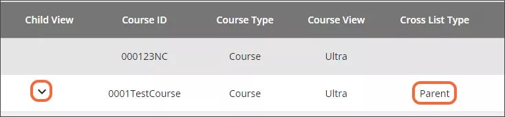 The course 0001TestCourse, with an inverted caret in the Child View column and Parent in the Cross List Type column