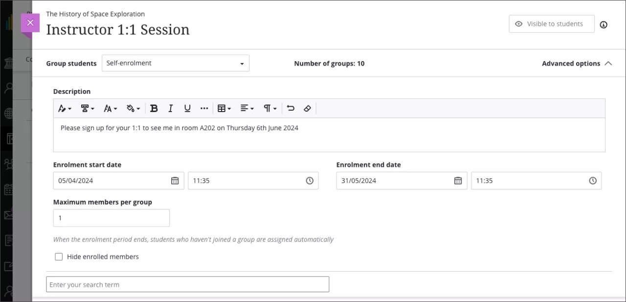 Self-enroll group page, showing a minimum number of group members of 1
