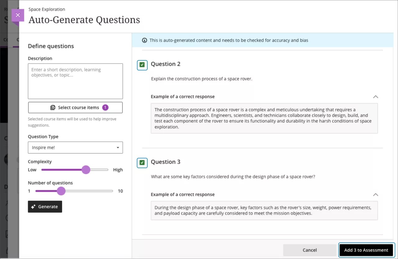 Select questions generated and add them to your assessment