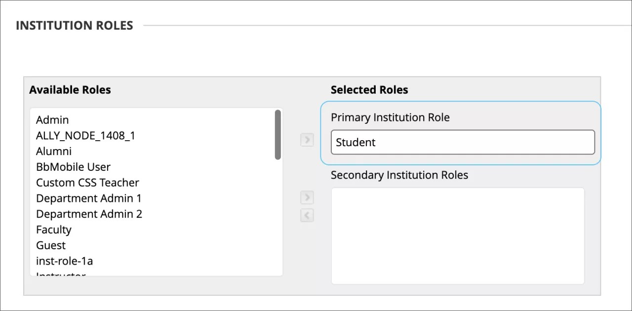 Institutional Role screen set to Student