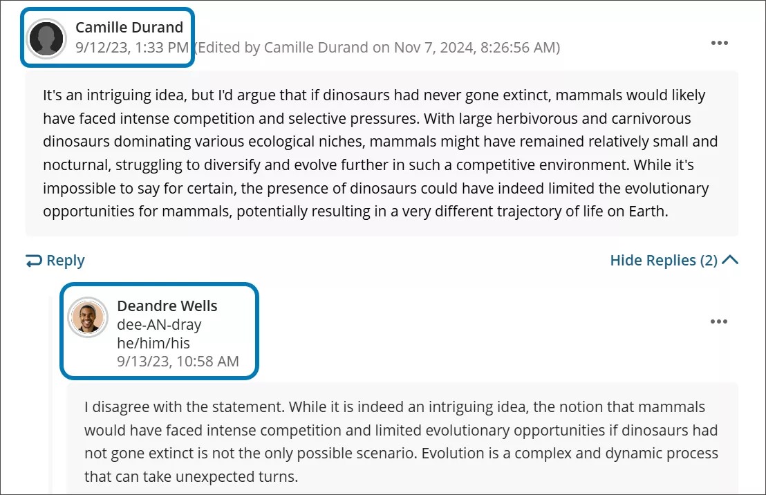 A discussion post, with a reply below. The avatars and timestamps are both highlighted.