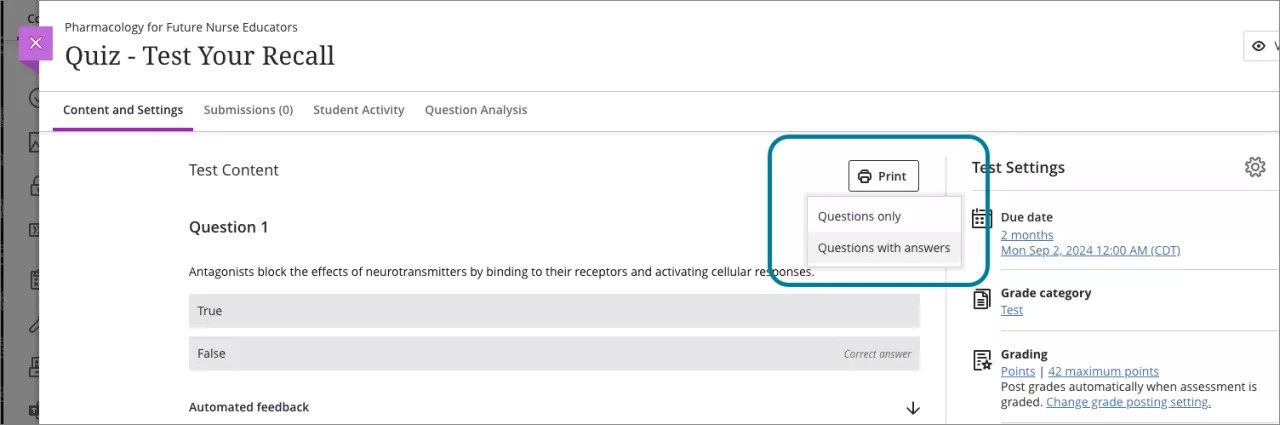 Print options available for printing an answer key