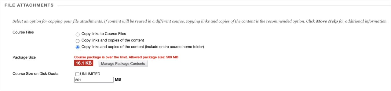 File attachment section for copying a course. An error is displayed showing that the course package is over the limit for successful uploading.