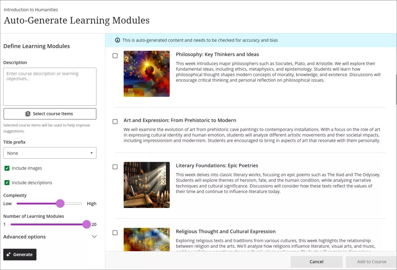 The Auto-Generate Learning Modules screen, with 4 learning modules generated. One module lacks an image and the description is indented further to the left than the modules with generated images.