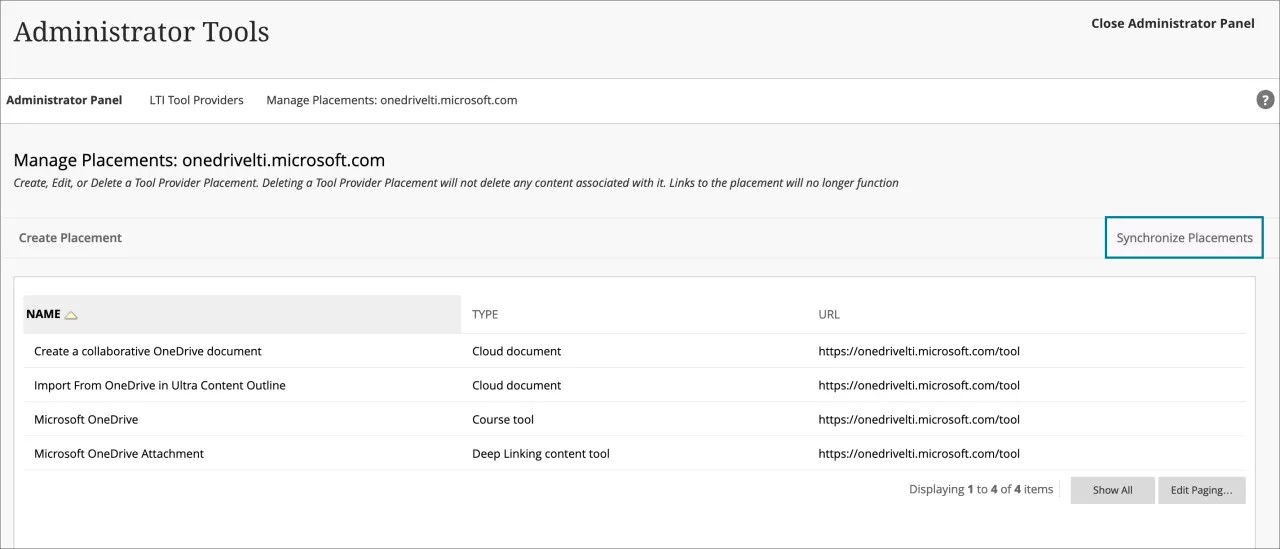 The Manage Placements screen with the Synchronize Placements option highlighted in blue